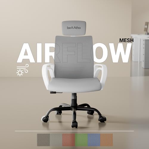 Image of beAAtho Verona Mesh High Back Ergonomic Home Office Chair | 3-Years Limited Warranty, Tilting & Height Adjustable Mechanism, Heavy Duty Metal Base| (White-Grey)