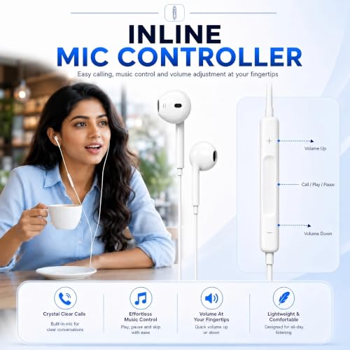Image of 2in1SHOT TypeC Wired Earphone with Powerful HD Mic for Clear Sound, Deep Bass Sound, HD Calling, in-Line Volume Control & Noise Cancellation Compatible with only TypeC Jacks in Mobiles WHT