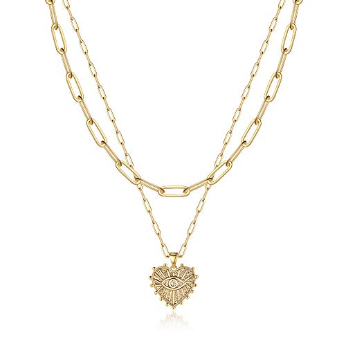 Turandoss Layered Evil Eye Necklace for Women, 14K Gold Plated Simple Layering Paperclip Link Chain Necklace Gold Layering Evil Eye Medallion Necklaces for Women Jewelry Set