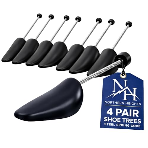 Northern Heights Adjustable Shoe Trees 4 Pairs (8 Pieces) Black Plastic Shoe Shapers with Steel Spring Coil Ideal for Mens Shoes Trainers & Standard Width Footwear