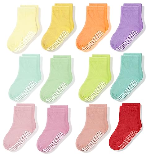 CozyWay Kids Socks With Grippers Non Slip Crew Grip Socks for Girls and Boys Soft Comfy Cotton Unisex - 12 Pack