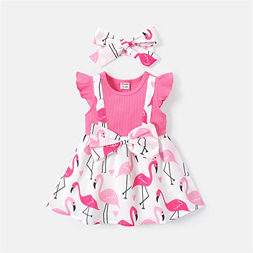 Patpat 2Pcs Baby Girl Dress Bow Front Allover Flamingo Print & Solid Spliced Ruffle Sleeve Dress & Headband Set Roseo 12-18 Months #TOP5