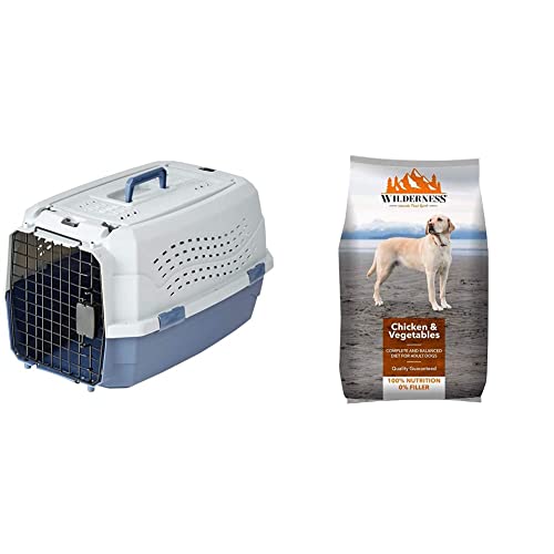 Image of AmazonBasics Two Door Top Load Pet Kennel (23-inch) with Wilderness Dry Dog Food, Chicken and Vegetable, 3kg