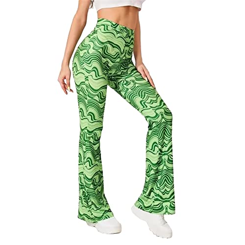 Yogahose Damen Boho Strandhose Hippie Blumen Schlaghose Weites Bein Palazzo Sommerhose Elegant High Waist Bootcut Freizeithose Caprihose Elastische Taille Yogahose Blickdicht Freizeithose (Green, M)