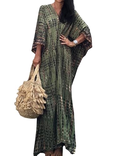 Moss Rose Women Summer Caftan Coverups Dress Kimono Beach Vacation Wear V Neck Print Maxi Boho Dress