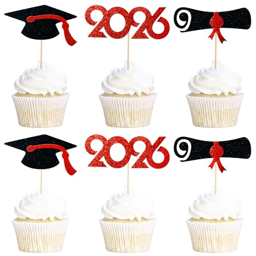 Pre-Assembled Graduation Cupcake Toppers 48 PCS, Class of 2026 Mini Cake Decorations Grad Cap & Diploma, Food & Appetizer Picks for Graduation Party