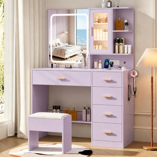BZK Purple Makeup Vanity Desk with LED Lights Mirror & Charging Station Vanity Set with 5 Drawers Tempered Cabinet Hair Dryer Rack & Cushion Stool 3 Lighting Modes - Modern Bedroom Furniture