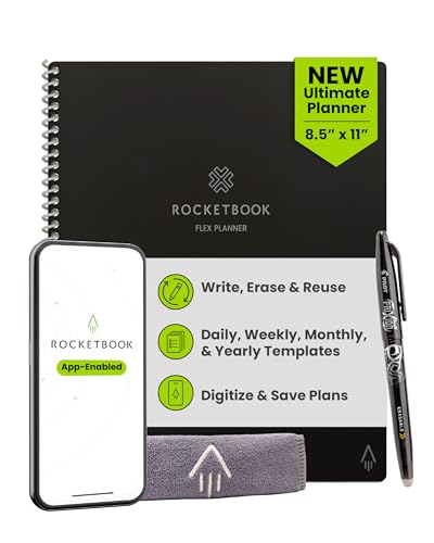Image of Rocketbook Flex Planner, Reusable Undated Smart, Letter Size 8.5x11 in Black - Daily, Weekly, Monthly, Annual Calendar, Tasks, Goals, Scheduling, Productivity, App Connected, Erasable, Durable Cover