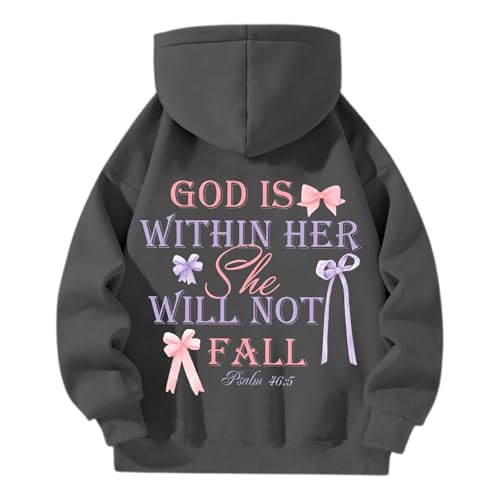 Sudadera con capucha para mujer de gran tamaño, divertida, con texto 'God is Within She Will Not Fall', informal, sencilla, con capucha, holgada, Y2K Tops, O Gris Oscuro, M
