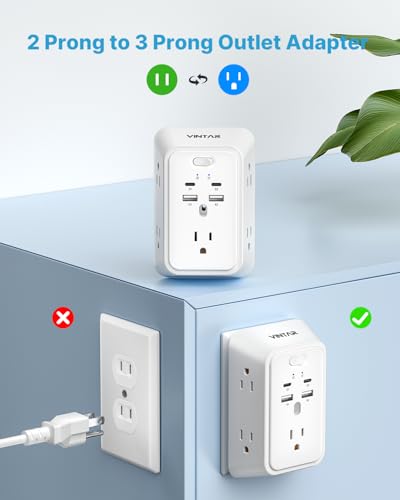 VINTAR Adaptador de enchufe de 2 clavijas a 3 clavijas, Extensor de enchufe de 2 clavijas con 5 tomas de corriente alterna miniatura 2