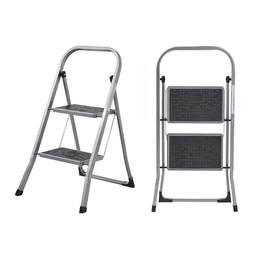MasterWorx 2 Step Ladder | Heavy Duty Folding Steel Stepladder with Safety Handle | 150kg Max Capacity | Wide Anti-Slip Steps & Feet | Easy to Store | Ideal for Home, Kitchen, Garage & DIY Use