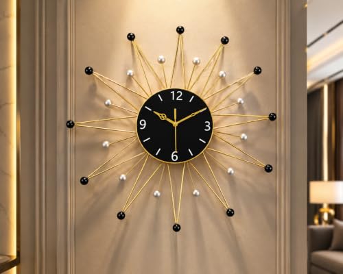 Image of Modern Sunburst Metal Wall Clock Gold & Black for Living Room