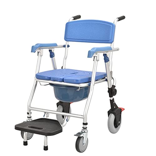 LXBH Folding Toilet Shower Chair, Height Adjustable Commode Wheelchair with Removable Pot Folding Pedal and Sponge Cushion Mobile Bedside Commodes for Elder Disabled People Hard seat