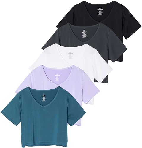 Real-Essentials-5-Pack-Womens-Dry-Fit-Short-Sleeve-V-Neck-Crop-Top-Boxy-Athletic-Tee