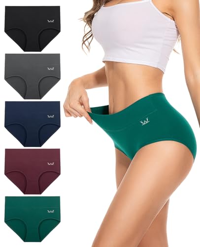 PULIOU Womens Knickers Ladies High Waisted Cotton Underwear Panties Briefs Full Back Coverage Comfy Stretchy Slight Tummy Contorl Multipack of 5 Dark Multicolor L