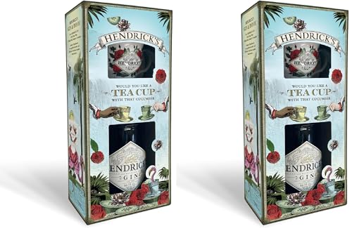 Hendrick’s Original Geschenkset, 70 cl – der kurios-köstliche Spirituose mit Rosen- und Gurkenessenzen | Geschenkset mit Teetasse und Untertasse für ungewöhnliche Gin & Tonics (Packung mit 2)