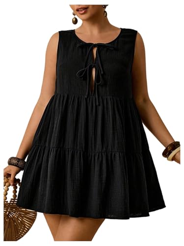 Floerns Womens Plus Size Bow Tie Babydoll Dress Sleeveless Tiered Ruffle A Line Mini Dresses Black XX-Large Plus