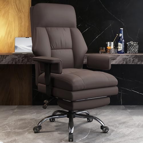 Image of Office Chair with Leg Rest, Leather High Back Executive Office Chair with Wheels, Ergonomic Desk Chairs with Lumbar Support for Home Office, Brown