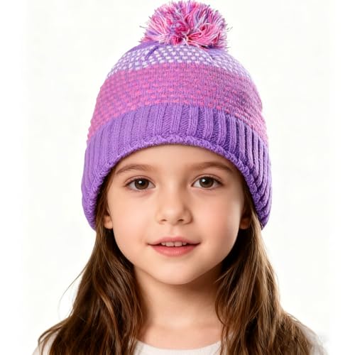 Gealaek Kids Winter Beanie Hat with Pom Pom, Fully Fleece Lined Cute Girls Snow Cap with Ear Flaps (Purple...