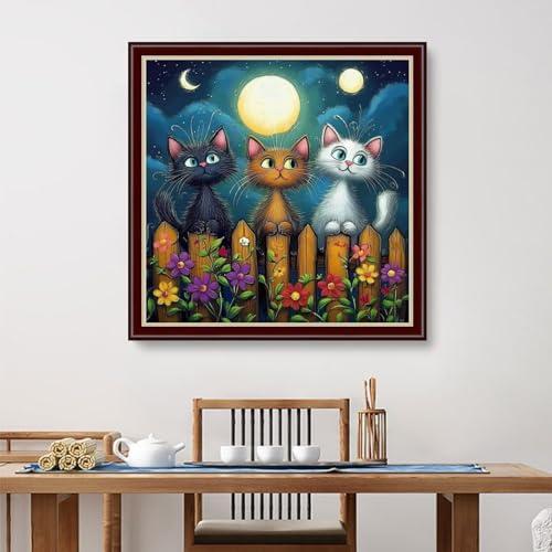 Image of Dimensean Stamped Cross Stitch Kits Full Range of Embroidery Patterns Starter Kits for Beginners Adult DIY Cross Stitches Needlepoint Kits 11CT-Cat Admiring the Moon 18x18 inch