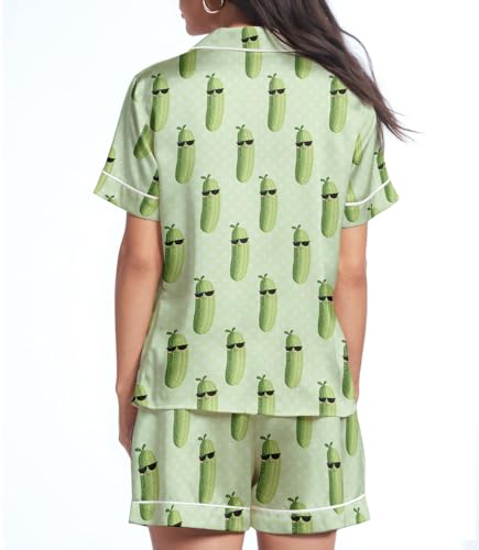 Women Satin Pajama Set, 2 Piece Short Sleeve Button Down Top and Shorts Loungewear, Cute Sleepwear & Holiday2