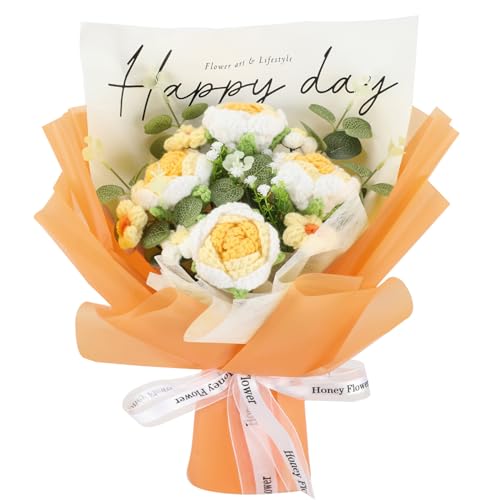 BmBpWOW Handmade Crochet Flowers Bouquet, Rose Daisy Artificial Mix Crochet Bouquet for Lover Mother Father Birthday Wedding Home Decor（Yellow ）