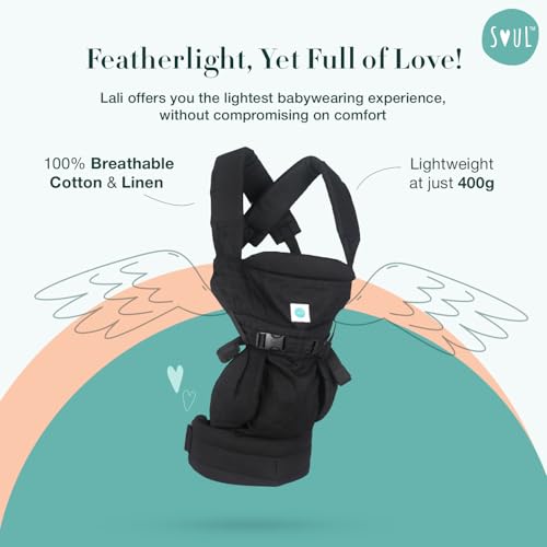Image of Soulslings 4-in-1 Lali Baby Carrier Bag, 100% Cotton - Black | Compact & Lightweight (400g) | Adjustable for 0-24 Months (4-15kg) | Machine Washable & Handwashable | Breastfeeding Friendly |