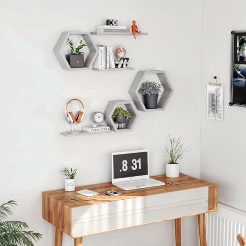Image of Dream Decor Shoppee Engineered Wood Woden Hexagonal Shape Wall Hanging Rack Floating Shelves for Display for Photos,Plants Living Room, Bedroom,Bathroom, Kitchen, Office (Grey)