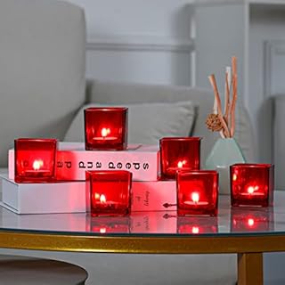 Qucover Red Glass Candle Holder, Set of 6 Tea Light Candle Holders Cube 6cm x 6cm, Morden Votive Candle Holder for Home Decoration Wedding Dining Party Birthday (Red)