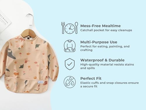 Cubble Waterproof Coverall Baby Feeding Bibs for Mealtimes and Messy Play Adjustable, Baby Weaning (Tropical Leaves, Medium (12-36M)) - Image 2