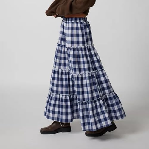 Women Plaid Tiered Maxi Skirt Elastic High Waist Vintage Gingham Pleated Long Skirt Y2K Flowy Swing A Line Skirt4