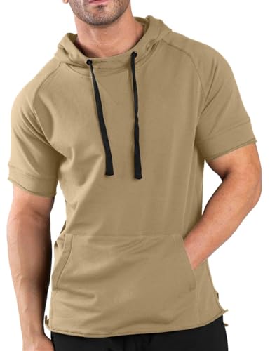 Sweat à capuche homme coton manches courtes beige L COOFANDY