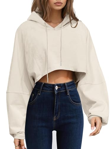 Remidoo Women's Hoodies Pullover Top Long Sleeve Cropped Sweatshirt Loose Shirt Light Apricot Small