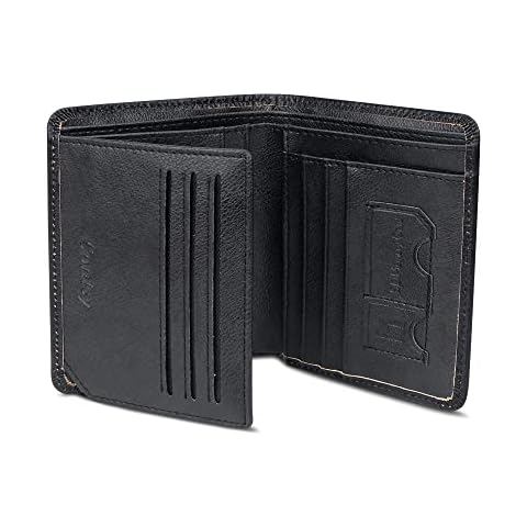 Conisy Genuine Leather Wallets for Men, RFID Blocking Small Bifold Classic Vertical Mens Wallets with 2 ID Window (Black) Cover