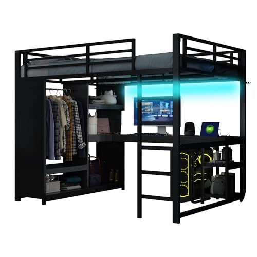 Yihomfy Lit Mezzanine 140x200cm avec Bureau, Armoire Ouverte, éclairage LED Bluetooth et Prise USB – Idéal lit Mezzanine 1 Places ou lit superposé,Noir