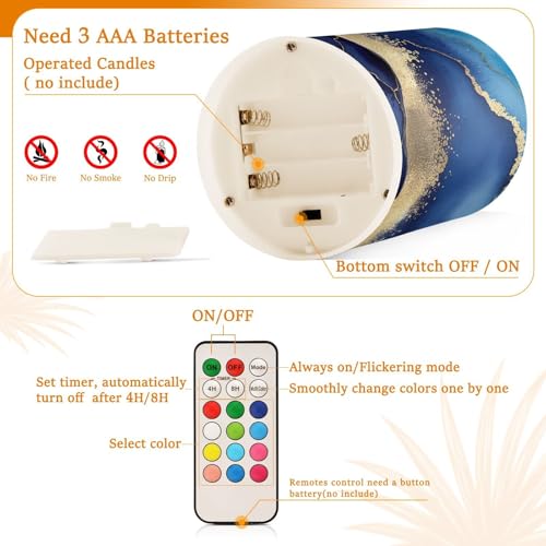 Image of YETTASBIN Blue Marble Flameless Candles with Remote Control and Timer, Adjustable Brightness Long Lasting Battery Operated LED Pillar Candles for Indoor Outdoor Party Holiday Home Decor, 2 Pack