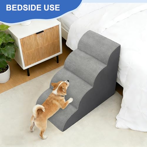 Image of Dog Stairs for Bed 28.7 inchH, 4 Extra Deeper Ramp /Steps for Small Dogs & Cats to get on High Bed or Couches, Grey