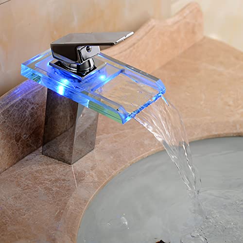 Robinet LED en verre lumineux Cascade Robinet RVB Robinet d'évier Robinet de lavabo Mitigeur de salle de bain en verre éclairé Salle de bain 3 changements...