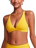 CRZ YOGA Deep V Neck Bikini Tops for Women - Padded Criss Cross Back Triangle Sexy Swim Bathing Suit Bra High Visibility Yellow Medium
