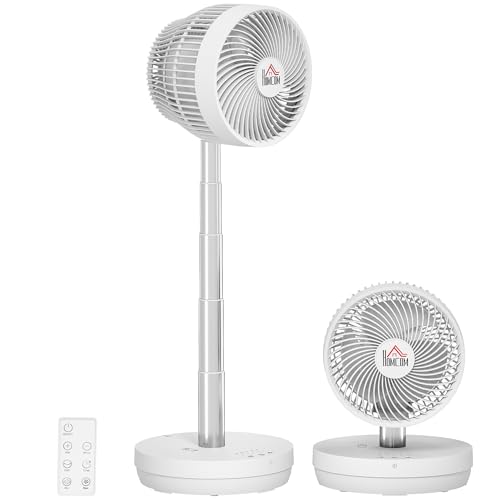 HOMCOM Ventilador de escritorio con mando a distancia y batería recargable, ventilador de pie portátil alimentado por USB con inclinación y altura regulables, oscilante, 10 velocidades y temporizador