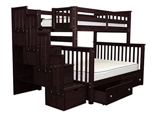 Bedz King Stairway Bunk Beds Twin Over Full With 4 Drawers In The Steps And 2 Under Bed Drawers, Dark Cherry #TOP1