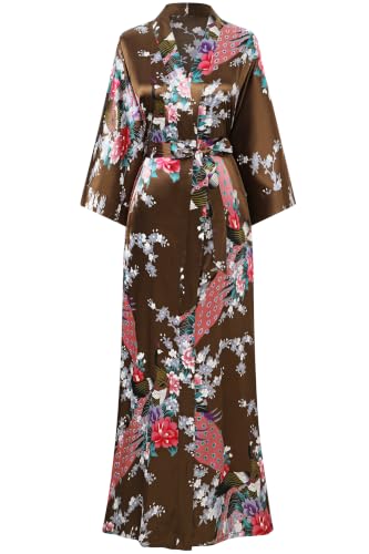 Image of BABEYOND Women's Kimono Robe Long Satin Robes with Peacock and Blossoms Printed Kimono Nightgown