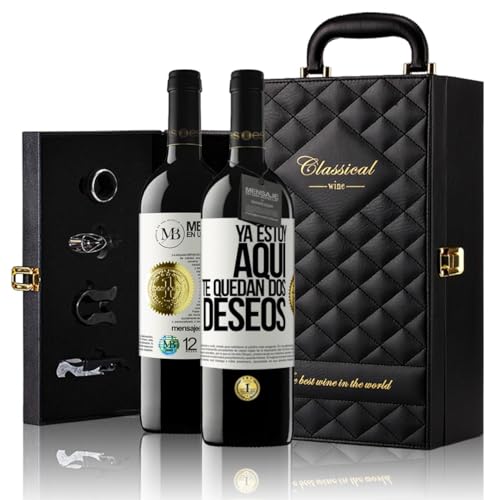 «Ya estoy aquí Te quedan dos deseos» Mensaje en una Botella. Estuche-Maletín de LUJO 2x Vino Tinto Premium Reserva 12 Meses y Set de 4 Accesorios. Etiqueta Blanca PERSONALIZABLE