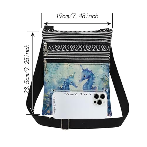 Seahorse Print Crossbody Bag Blue Seahorses with Plants Messenger Bag Adjustable Shoulder Strap Beach Crossbody Purse Birthday Gift for Sister Teens Adult2