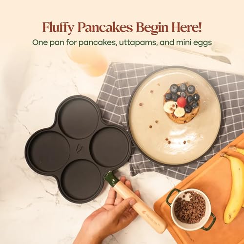Image of CUMIN CO. Cast Iron Pancake Pan | 28 cm |10 Year Warranty | Non Toxic Non Stick Pan for Pancakes, Uttapams & Mini Eggs | Chemical Free Coating | Free Accessories | No Seasoning Needed | Mustard