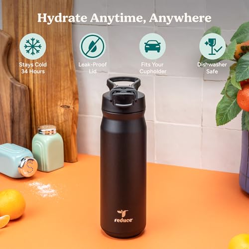 Image of REDUCE 24 oz Hydrate Pro Stainless Steel Insulated Water Bottle - Flip Top Leak-Proof Lid, Dishwasher Safe, BPA-Free, Dual Wall Vacuum, Keeps Drinks Cold for 48 Hrs, Cup Holder Friendly - Mineral Blue