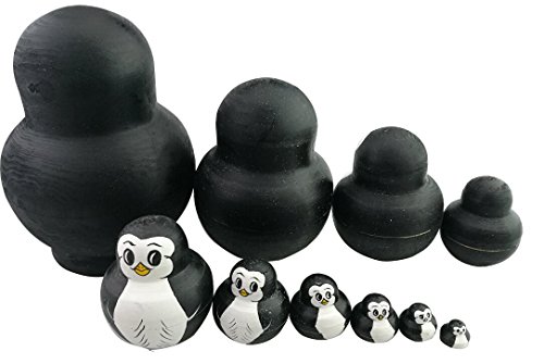 Set aus 10 ineinander stapelbaren Tieren - Motiv „Pummeliger Pinguin“ - Matroschka-Prinzip - handgefertiges Spielzeug aus Holz für die Dekoration des Kinderzimmers