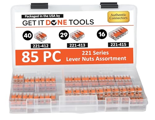 85pc Compact Splicing Wire Connector Assortment with Case, Includes (40x) 221-412, (29x) 221-413, (16x) 221-415, Lever Nuts
