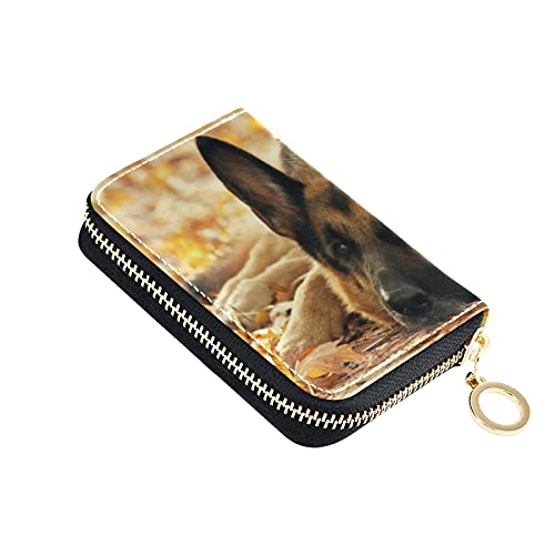 German Shepherd Dog Lies on Autumn Falling Foliage LeavesGrey Credit Card Coin wallet, RFID Blocking Compact Women Leather Card Holder, Key Change Organizer, Zipper Purse Clutch Pouch Pocket