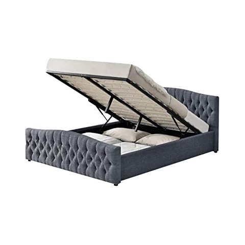 Linen Dark Grey Hamburg Ottoman Storage Bed with Fabric Buttons in Headboard and Footboard. Single, Double and King Size (Double 4FT 6) Cover